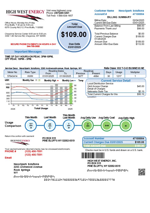 USA Wyoming High West Energy business utility bill in Word and PDF formats, version 2